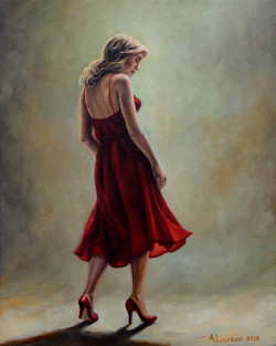 Lady In Red alex, alexander, art, artwork, canada, canadian, classical oil painting, european, expression, expressionism, girl, lavrov, modern, north america, north american art, oil painting, original, portrait, symbolism, vancouver, yvr, lady in red dress, posing, female, figure, woman