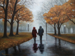 The Fall alex, alexander, art, artwork, canada, canadian, classical oil painting, european, expression, expressionism, figure, lavrov, modern, north america, north american art, oil painting, original, partners, symbolism, vancouver, woman, yvr, man, an old couple, walk in the park, autumn, fall